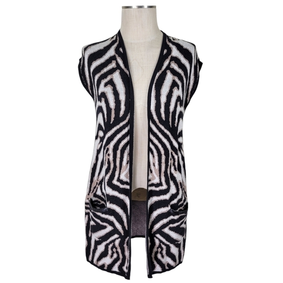 Chicos Longline Cardigan Size 0 S 4 Pockets Open Front Cap Sleeve Animal Print - Picture 1 of 10